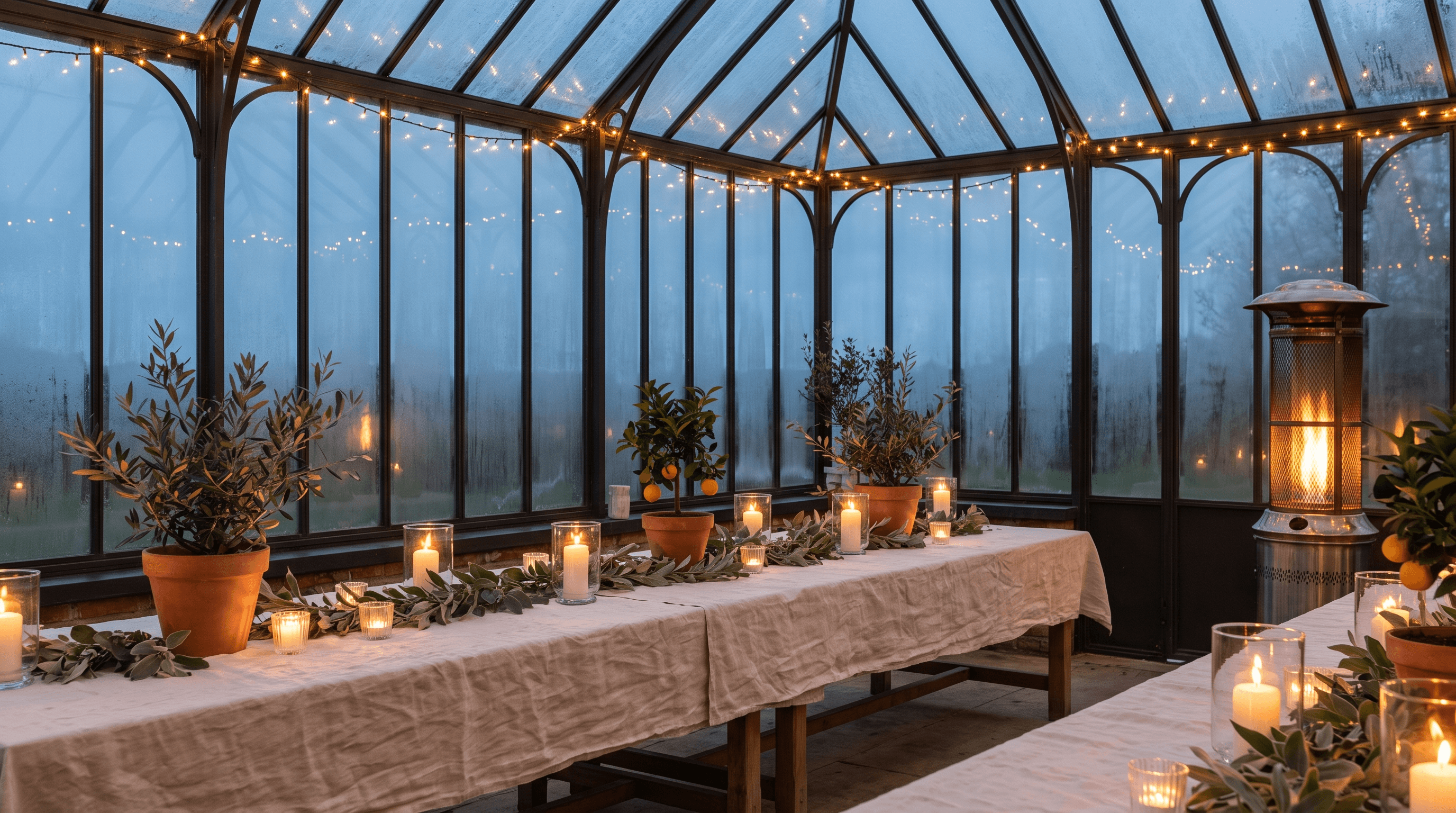 Een glazen wintertuin gedekt voor een trouwdiner met kaarsen, olijfbomen en lichtsnoeren