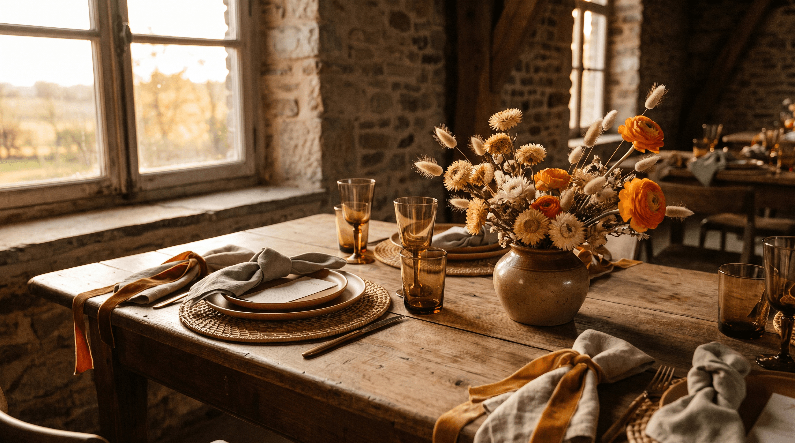 Gedekte houten tafel met amberkleurig glaswerk, rotan placemats en een vaas met strobloemen en oranje ranonkels