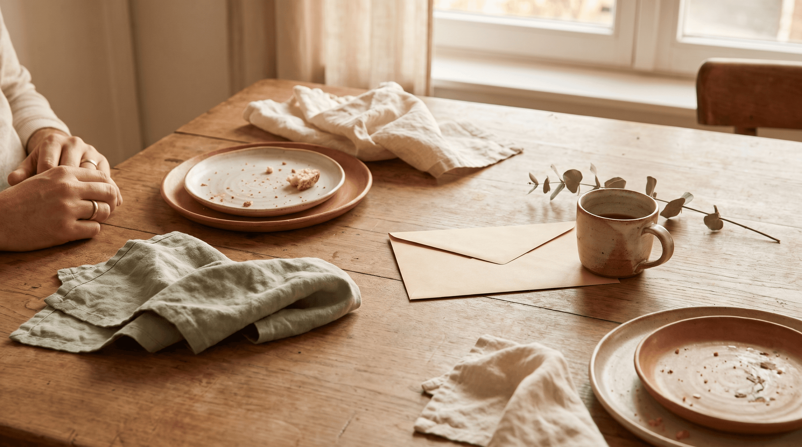 Houten keukentafel met keramische borden, linnen servetten, een envelop en een tak eucalyptus in ochtendlicht