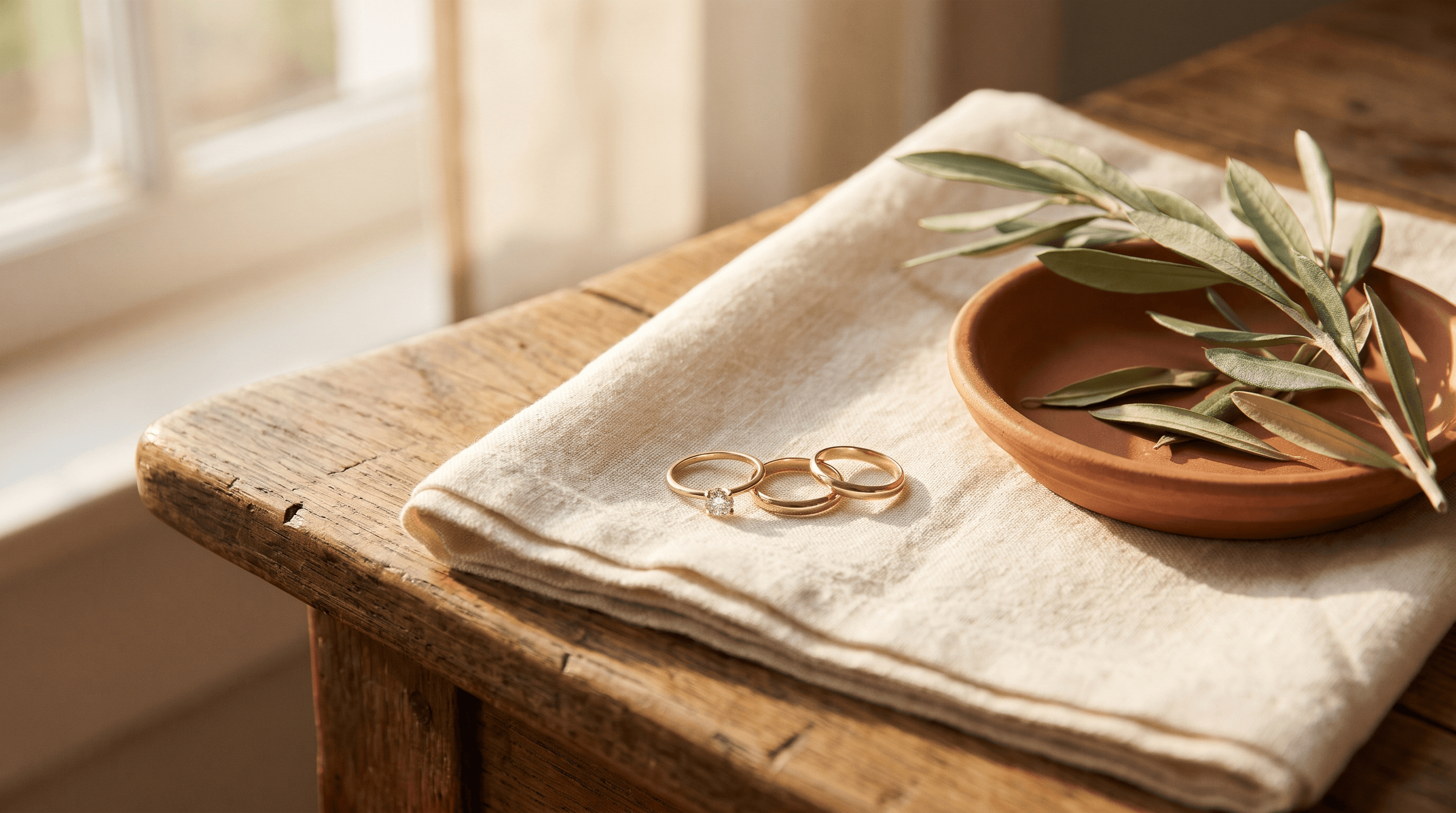 Gouden verlovingsring met diamant en twee gladde trouwringen op een linnen doek naast een terracotta schaaltje met olijftak