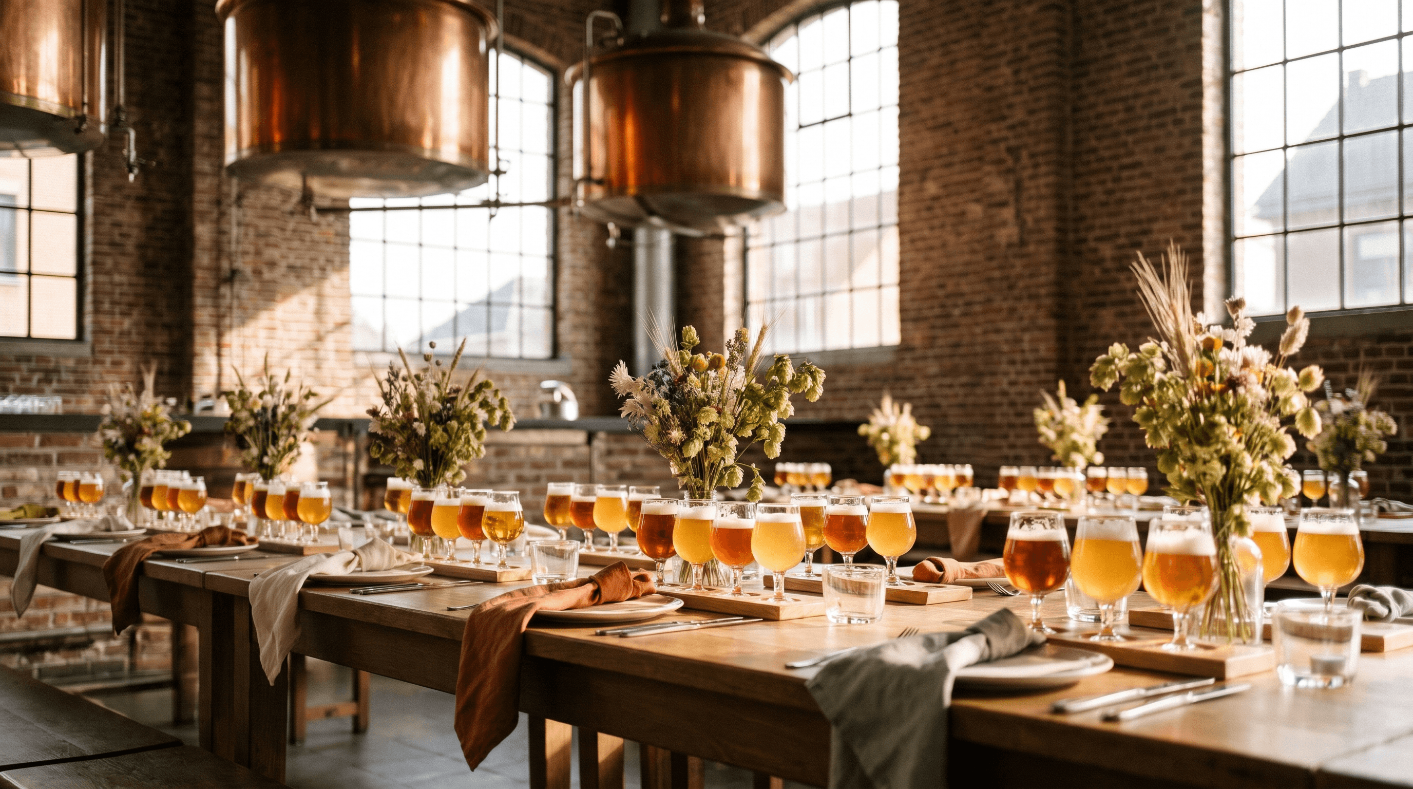 Lange gedekte trouwtafel met proefglazen bier onder koperen brouwketels in een bakstenen brouwerij