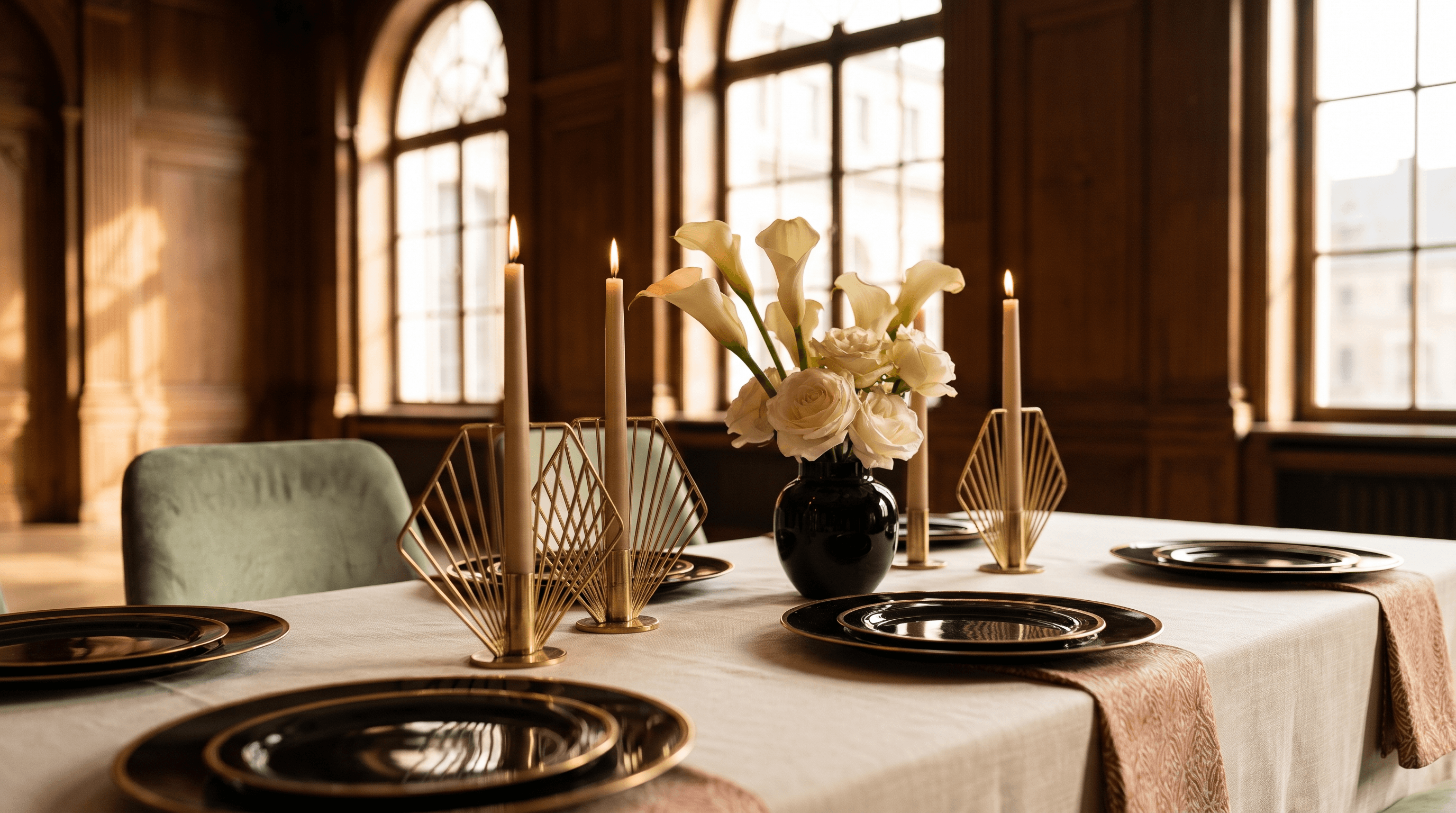 Art-deco trouwtafel met zwarte borden met gouden rand, waaiervormige kandelaars en witte calla's