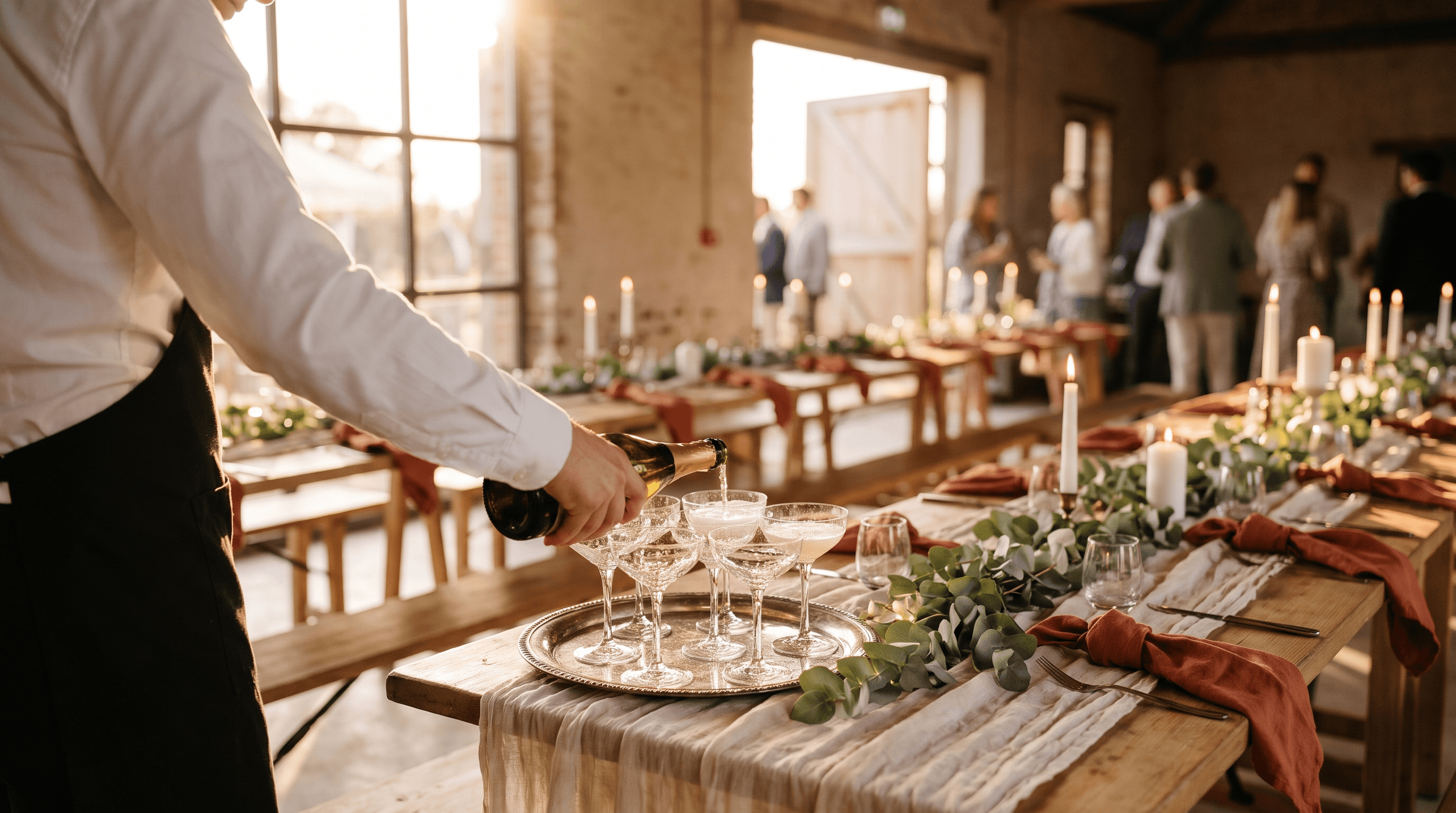 Ober schenkt bubbels in coupes op een zilveren dienblad naast een lange gedekte feesttafel in een schuur